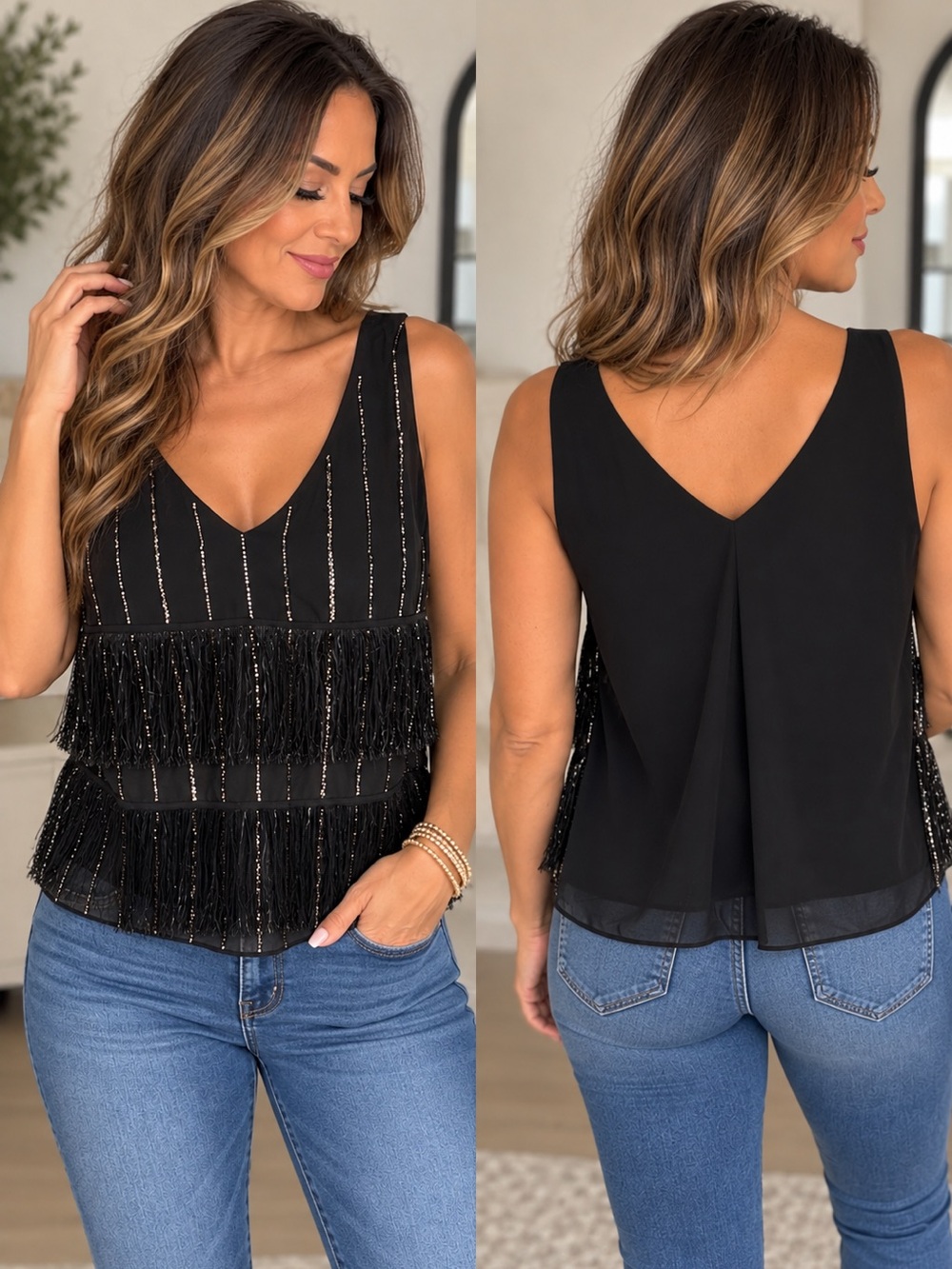 Vero Moda Black Beaded Fringe V-Neck Top